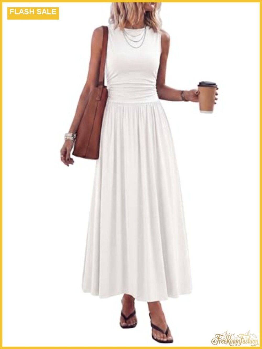 Sleeveless A-Line Maxi Dress Crewneck Flowy Ruched Sundress Wedding Guest